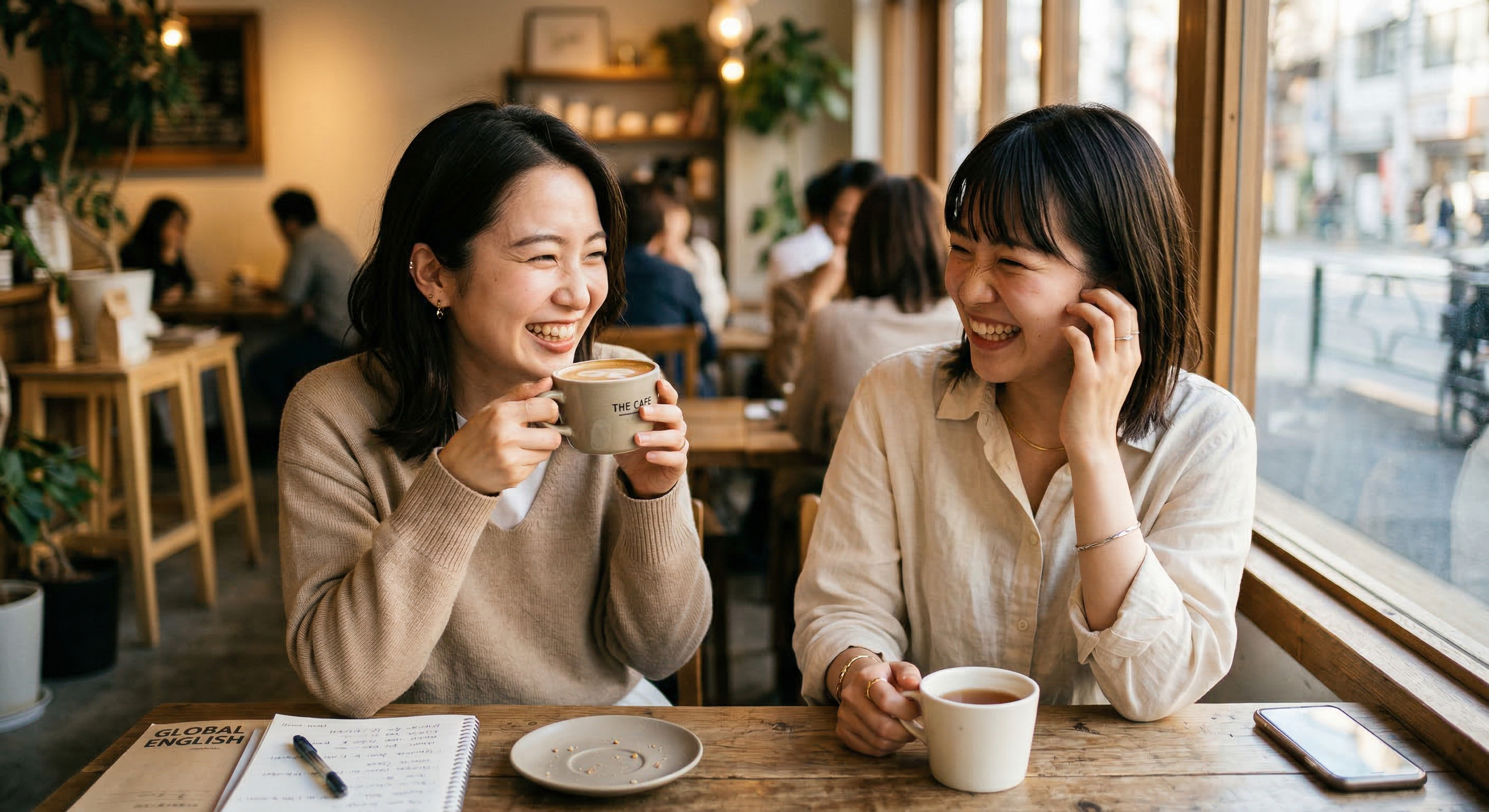 カフェで楽しく英会話を楽しむ生徒さんたち